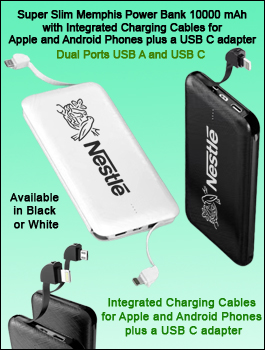 Super Slim Memphis Power Bank 10000 mAh, with Integrated Charging Cables 